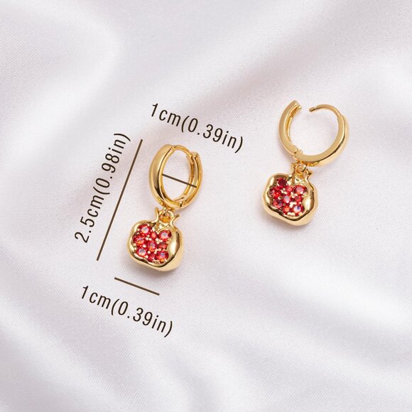 Elegant Red Pomegranate Pendant Hoop Earrings with Cubic Zirconia in 18k Gold Ov - Picture 3 of 4